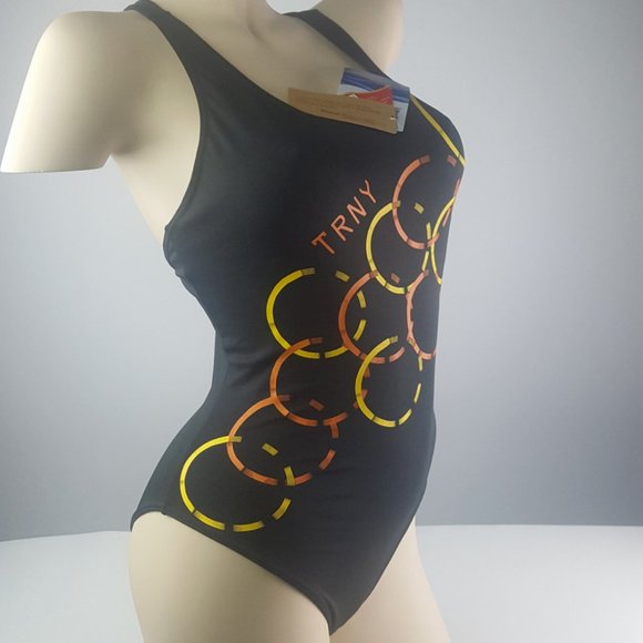 Swimsuit with Cap by Trinys Brazilian Made size M BLACK w/ circles pattern - Picture 3 of 12